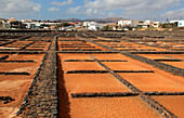 Evaporation of sea water in salt pans, Museo de la Sal, Salt museum, Las Salinas del Carmen, Fuerteventura, Canary Islands, Spain