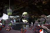 Cavern formed by lava tunnel with lake Jameos de Agua, Lanzarote, Canary Islands, Spain