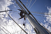  Mast climbing activity for passengers on board the sailing cruise ship Running on Waves (M&#39;Ocean), Poros, Attica, Greece, Europe 