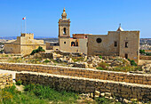 Cathedral church tower and ruins inside citadel castle walls Il-Kastell, Victoria Rabat, Gozo, Malta