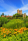 Red brick tower and blue sky Sissinghurst castle gardens, Kent, England, UK