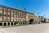 Historic buildings on west side of main city square, Plaza de la Constitucion, Monte de Piedad, Mexico City, Mexico