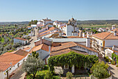 View over rooftops of whitewashed houses and streets in the small rural settlement village of Terena, Alentejo Central, Portugal, Southern Europe