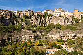 Historic buildings on cliff of river gorge, Rio Huecar, Cuenca, Castille La Mancha, Spain