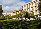 Jardín Catedral de la Encarnación garden next to cathedral with fountains and hedges, Malaga, Andalusia, Spain