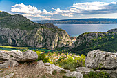  View into the Cetina Gorge with the river Cetina and the town of Omis, Croatia, Europe  
