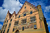  Historic Ulm Town Hall, facade with mural painting on the south side. Market Square, Ulm, Baden-Württemberg, Germany, Europe 