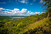  View of the Fuchsturm on the local mountain in Jena in summer with blue sky and white cumulus clouds, Jena, Thuringia, Germany 