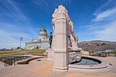  Utah State Capitol with the Mormon Battalion Monument, Salt Lake City, Rocky Mountains, Utah, United States, USA 