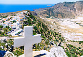  View from the church of Profitis Ilías to the mountain village of Nikiá and the caldera on the island of Nissyros (Nisyros, Nissiros, Nisiros) in Greece 