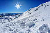  Snow floes from a fresh avalanche, Pyhrner Kampl, Totes Gebirge, Upper Austria, Austria 