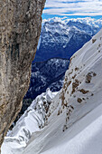  View from the narrow Forcella Piccola, Bosconero Group, Dolomites, UNESCO World Heritage Dolomites, Veneto, Italy 