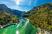 Tiefblick auf Königssee bei Schönau, Königssee, Bodensee-Königssee-Radweg, Oberbayern, Bayern, Deutschland