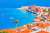 Emporio harbour, top view, Halki Island, Dodecanese Islands, Greece