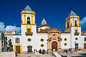  Ronda, largest and most famous of the white villages, Cathedral of Santa Cecilia, on the Town Hall Square, Malaga Province, Spain 