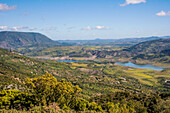  Sierra de Grazalema, view from the Puerta de las Palomas pass, to Zahara de la Sierra, with reservoir, Cadiz province, Spain 