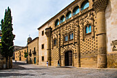  Baeza, street in the old town, with the old library, province of Jaen, Spain 