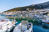  Island capital Póthia, monastery Agíou Savvas on the hill above Pothia with harbor on the island of Kalymnos (Kalimnos) in Greece 