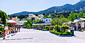  Mountain village Zia with shops, cafes and taverns on the island of Kos in Greece 