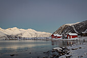  Winter in the Trömso region, Tromvik, typical traditional house with mountains in the twilight 