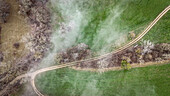  Aerial view of meadows, hedges and trees without leaves in winter with fog (Jura, Aargau, Switzerland) 