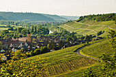  Medieval winegrowing village with half-timbered houses, sunset, Sommerhausen, Mainfranken, Lower Franconia, Franconia, Bavaria, Germany 