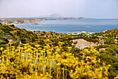  Bay of Kefalos (Kolpos Kefalou) overlooking Kamari and Kambos with the island of Nisi Kastri on the island of Kos in Greece 