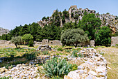  Remains of the city walls and view of the castle ruins of Castro in the ruined city of Paleo Pyli (Palio Pili, Palea Pyli, Alt-Pyli, Old Pyli) on the island of Kos in Greece 