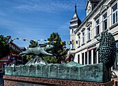  Hare and Hedgehog fountain in Buxtehude, Lower Saxony, Germany 