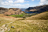 View of Ullswater lake and Glenridding village, Lake District, Cumbria, England, UK