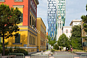 Bell tower of the Albanian Orthodox Resurection Cathedral, in the Ministerial District near Skanderbeg Square (Sheshi Skënderbej), Tirana Centre, Albania, Southeastern Europe