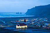  View of church in Vik i Myrdal, winter, Iceland 