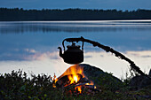  Coffee kettle, campfire, evening atmosphere at the lake, Dalarna, Sweden 