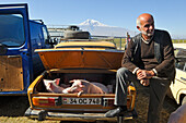 Mann und Schweine auf dem Viehmarkt in der Ararat-Ebene in der Nähe von Artashat, Berg Ararat im Hintergrund, südöstlich von Eriwan, Armenien, Eurasien