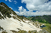 Blick vom Übergang Hohe Säge auf Passensee, Pfunderer Höhenweg, Zillertaler Alpen, Südtirol, Italien