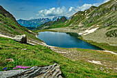  View of Eisbruggsee, Pfunderer Höhenweg, Zillertal Alps, South Tyrol, Italy 