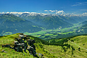  View from the Maurerkogel into the Salzach Valley and the Hohe Tauern, Maurerkogel, Pinzgauer Höhenweg, Kitzbühel Alps, Salzburg, Austria 