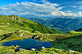  Bärentaler Lake with Dolomites in the background, Pfunderer Höhenweg, Zillertal Alps, South Tyrol, Italy 