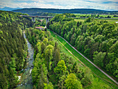  Aerial view of Mangfall valley with motorway bridge in the background, Weyarn, Upper Bavaria, Bavaria, Germany 