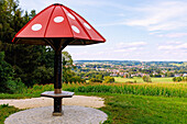  former meeting and protest site against the construction of the A 94 motorway &quot;Schwammerl&quot; with a view of Dorfen and the Isental in Upper Bavaria in Germany 