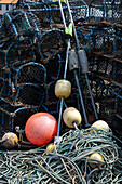 Detailaufnahme von Fischernetzen Hafen von Dunbar, East Lothian, Schottland, Vereinigtes Königreich