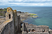  View of Bass Rock from Tartallon Castle, with the castle ruins courtyard in the foreground, North Berwick, East Lothian, Scotland, United Kingdom 