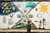 Mural with Mayan symbols, Santa Maria Nebaj, department of El Quiché, Guatemala, Central America