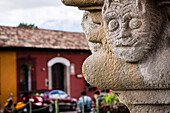 detail of feline face, fountain of the Sirens, Antigua Guatemala, department of Sacatepéquez, Guatemala, Central America