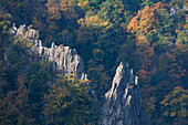  View into the Bode Valley, rock formations, Bode Valley nature reserve, Harz foothills, Saxony-Anhalt, Germany 