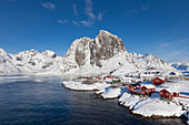  Cabins at Hamnoy Fjord, Winter, Lofoten, Norway 