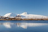 Berg Black Mount spiegelt sich im Lochan na h-Achlaise bei Rannch Moor, Highland, Schottland, Grossbritannien