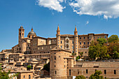 Blick auf Kathedrale Duomo diSanta Maria Assunta, Herzogspalast Palazzo Ducale und  historisches Zentrum, Urbino, Pesaro, Marken, Italien, Europa