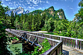 Holzsteg über Fluss Enns, bei den Ennskaskaden, Nationalpark Gesäuse, Ennstaler Alpen, Steiermark, Österreich