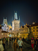  Lesser Town Bridge Tower at night, Charles Bridge, Vltava, Lesser Town, Prague, Czech Republic, Europe 